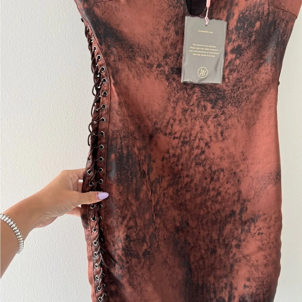 HOUSE OF CB NWT Daphne Antique Copper Lace Up Mini Dress S_9